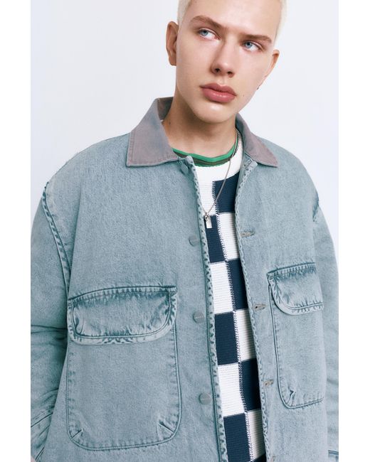 Pull&Bear Blue Denim Jacket With Contrast Collar for men