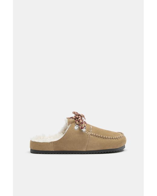 Pull&Bear White Faux Shearling Leather Lace-Up Clogs