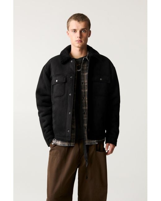 Pull&Bear Black Faux Suede Jacket With Faux Shearling Collar for men