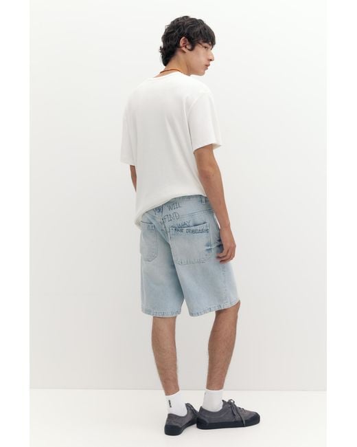 Pull&Bear Blue Embroidered Baggy Denim Bermuda Shorts for men