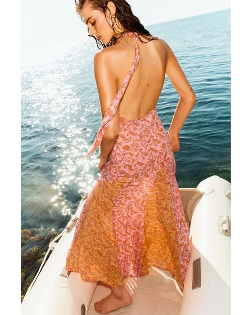 Pull&Bear Orange Printed Halter Midi Dress