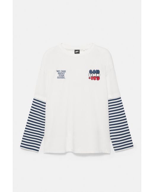 Pull&Bear Blue Stwd Double Sleeve Striped T-Shirt for men