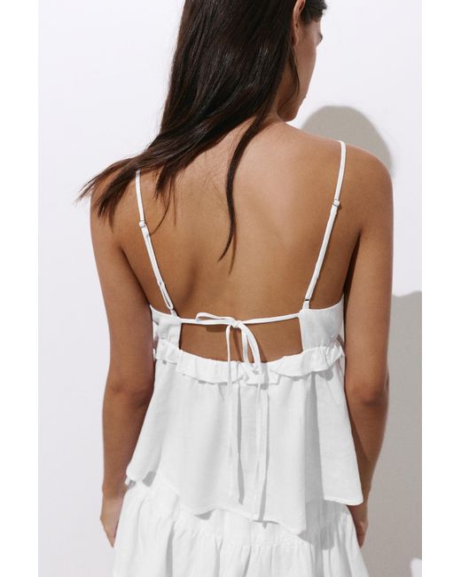 Pull&Bear White Ruffled Linen Blend Top