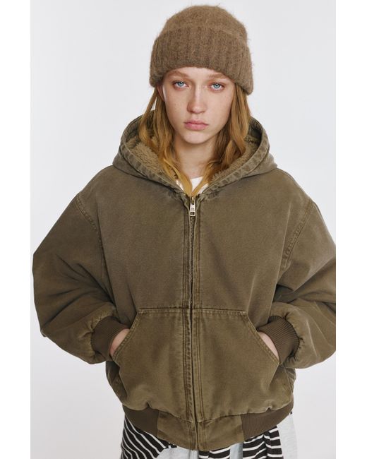 Pull&Bear Metallic Hooded Jacket With Faux Shearling Lining