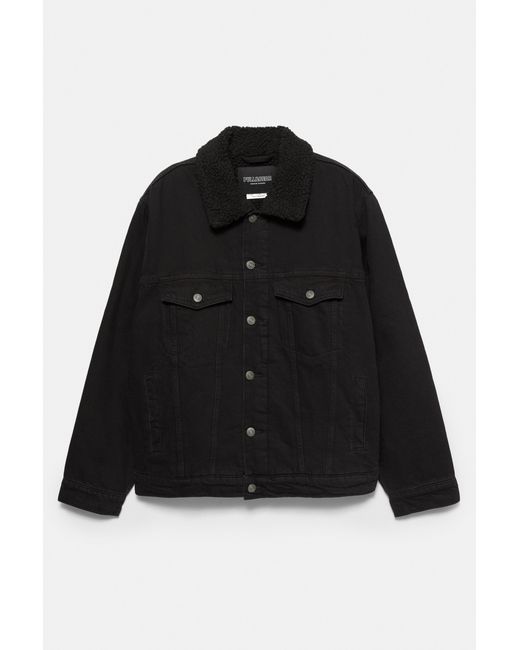 Pull&Bear Black Denim Jacket With Faux Shearling Collar for men