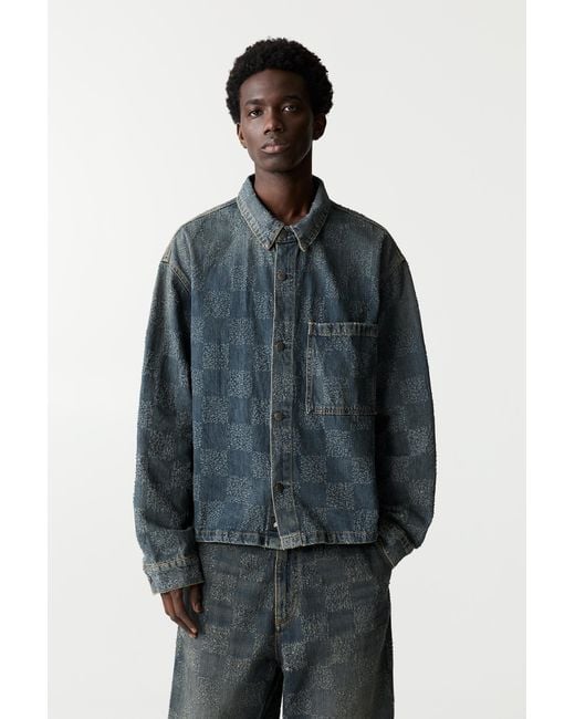 Pull&Bear Blue Stwd Check Denim Overshirt for men
