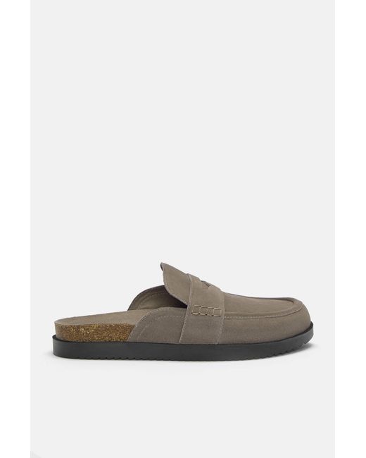 Pull&Bear Gray Leather Clogs With Penny Strap for men