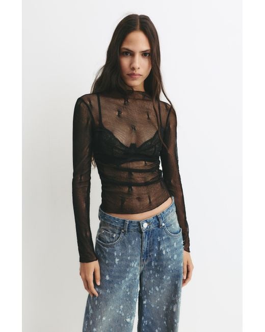 Pull&Bear Black Sheer Long Sleeve Top