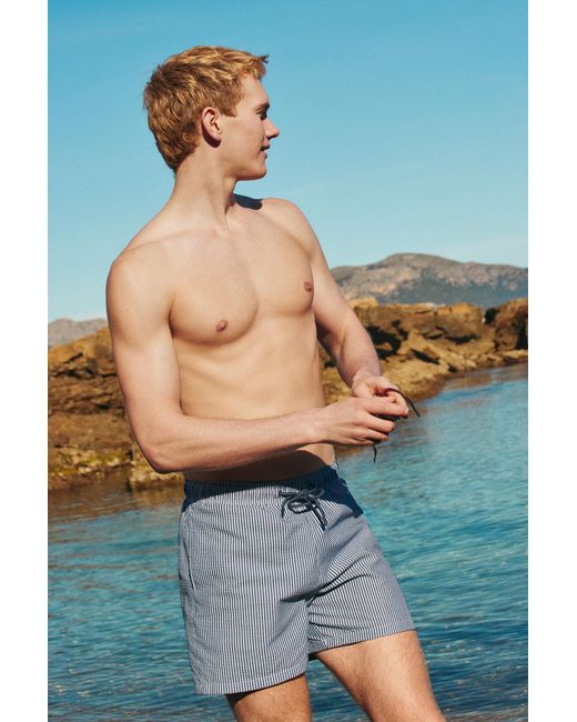 Pull&Bear Blue Striped Seersucker Swimming Trunks for men