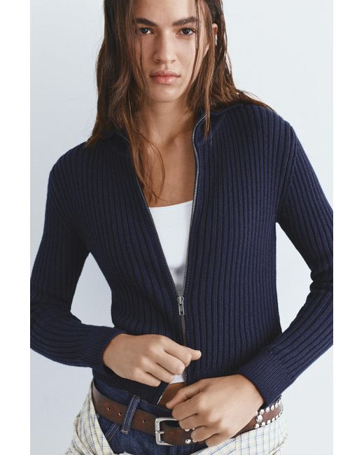 Pull&Bear Blue Ribbed Zip-Up Cardigan