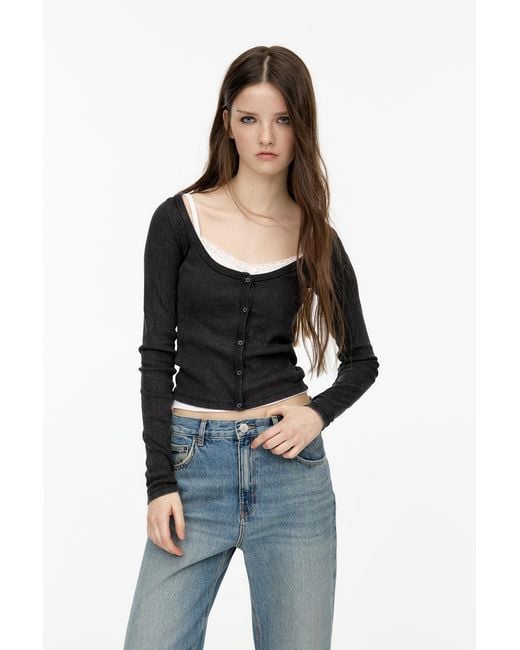 Pull&Bear Black Ribbed T-Shirt With Buttons