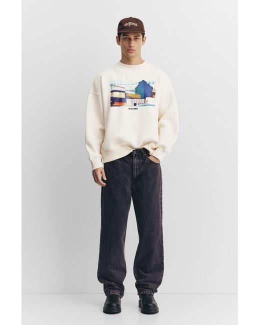Pull&Bear Blue Sweatshirt With Embroidered Graphic Slogan for men