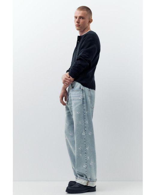 Pull&Bear Gray Stwd Embroidered Baggy Jeans for men