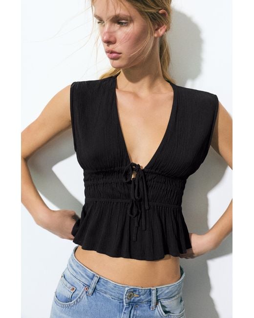 Pull&Bear Black Crepe Top With Ties
