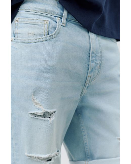 Pull&Bear Blue Ripped Denim Bermuda Shorts for men