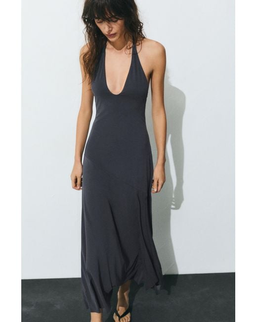 Pull&Bear Black Long Cupro Halter Dress