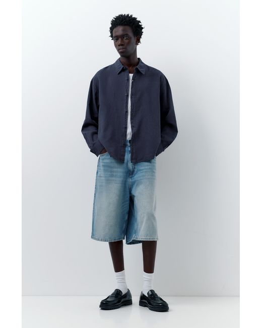 Pull&Bear Blue Long Sleeve Linen Blend Shirt for men