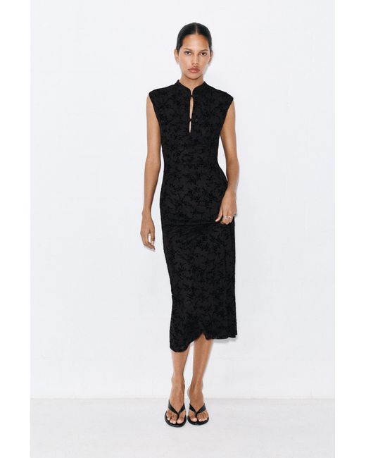 Pull&Bear Black Stand Collar Midi Dress With Frog Fastenings