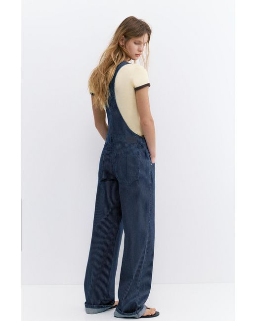 Pull&Bear Blue Long Striped Denim Dungarees