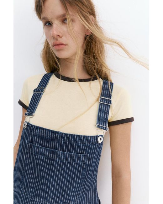Pull&Bear Blue Long Striped Denim Dungarees