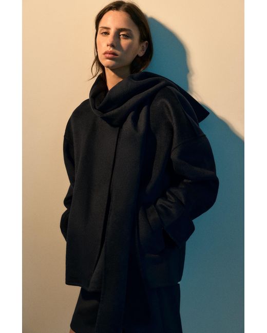 Pull&Bear Blue Short Wool Coat With Scarf
