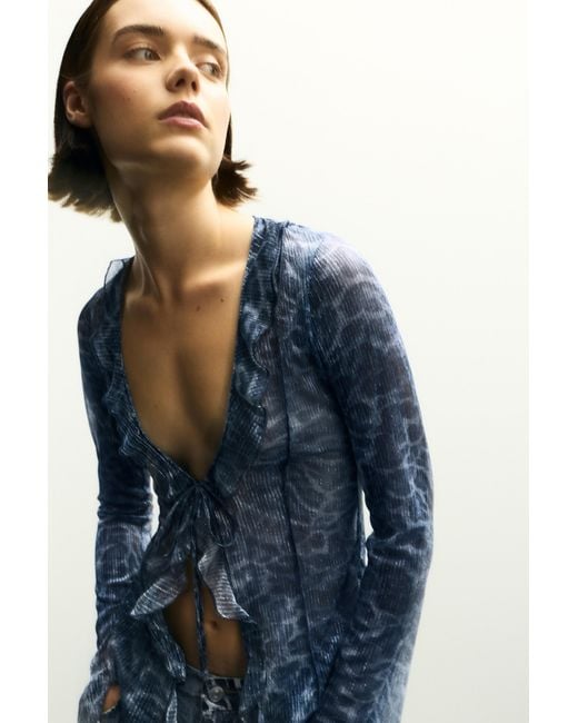 Pull&Bear Blue Leopard Print Frilled Top