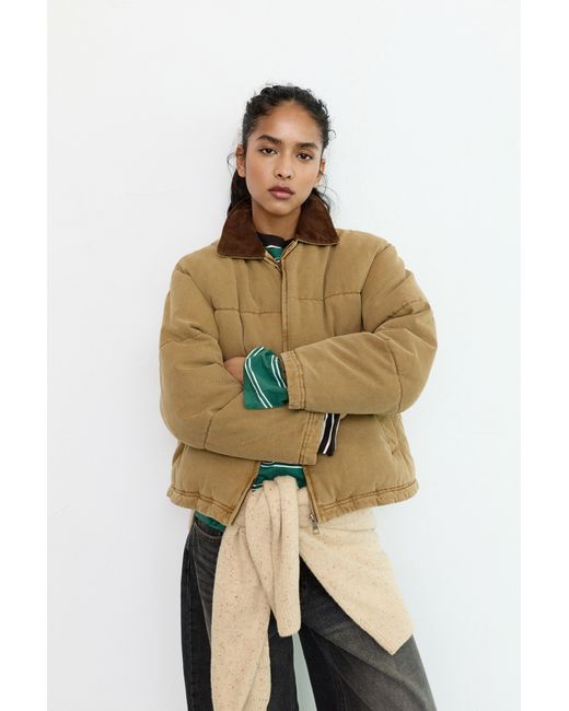 Pull&Bear Metallic Quilted Jacket With A Corduroy Collar