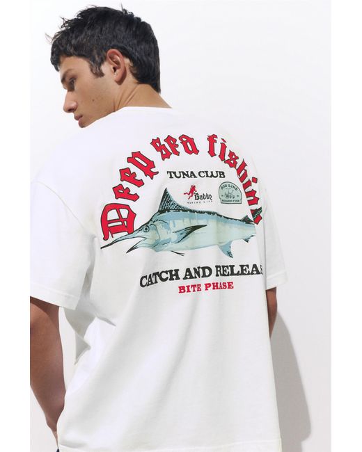 Pull&Bear White Fishing Graphic T-Shirt for men