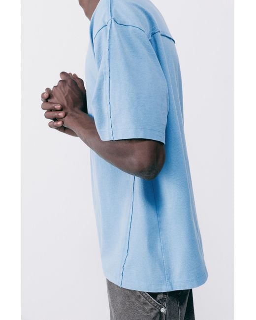 Pull&Bear Blue Relaxed Fit Overlock T-Shirt for men