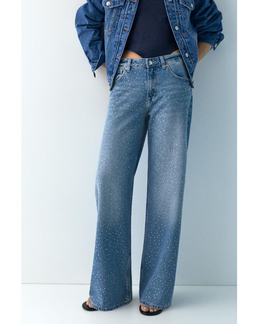 Pull&Bear Blue Straight-Leg Baggy Jeans With Rhinestones