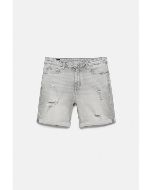 Pull&Bear Blue Ripped Denim Bermuda Shorts for men