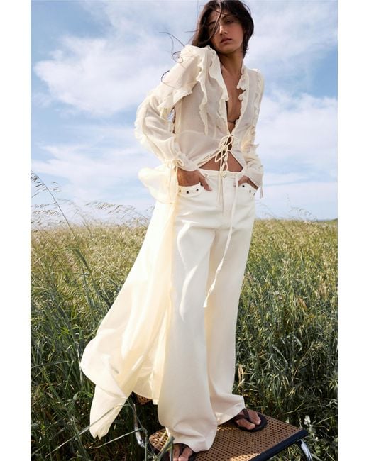 Pull&Bear White Long Lace-Trimmed Kimono With Ruffles