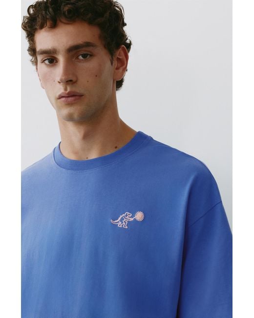 Pull&Bear Blue Relaxed Fit Raised Graphic T-Shirt for men