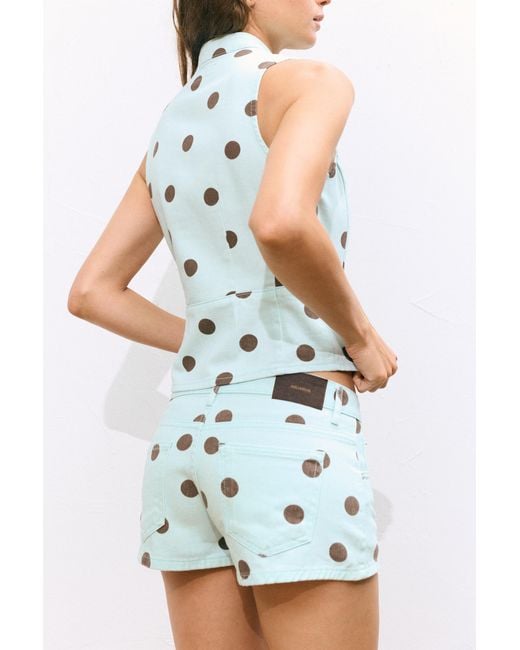 Pull&Bear Green Polka Dot Denim Mini Shorts