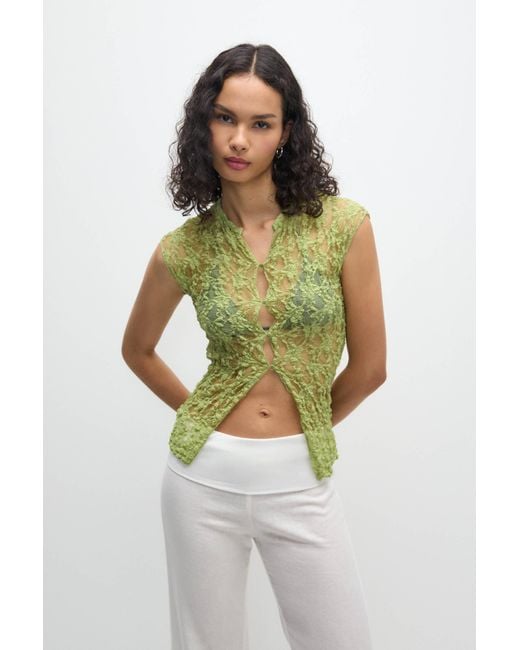 Pull&Bear Green Short Sleeve Floral Lace Shirt