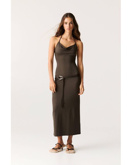 Pull&Bear Brown Long Dress With Belt And Buckle