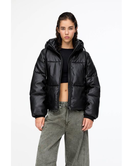 Pull&Bear Black Faux Leather Puffer Jacket