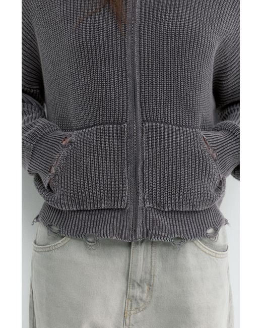 Pull&Bear Gray Zip-Up Ripped Cardigan