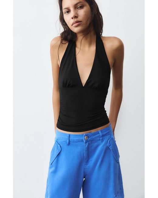 Pull&Bear Black Halter Neck Top With Gathering
