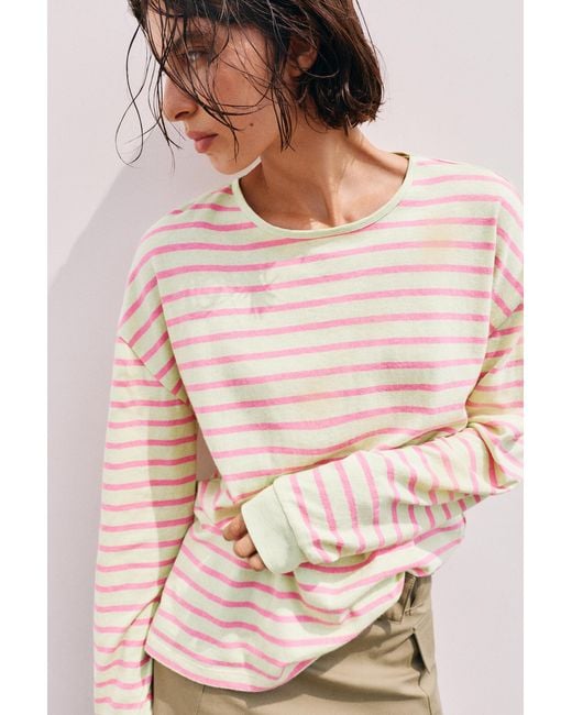 Pull&Bear Pink Oversize Long Sleeve Striped T-Shirt