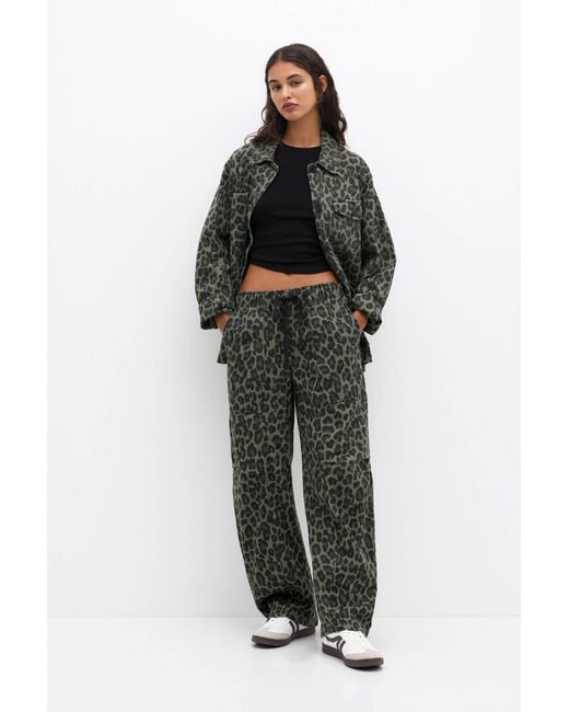 Pull&Bear Green Leopard Print Baggy Trousers