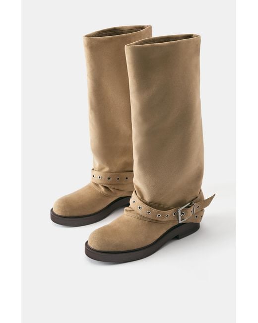 Pull&Bear White Flat Footed Leggings Boots With Buckle