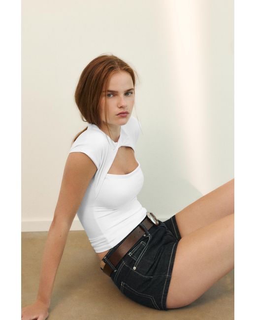 Pull&Bear Natural Cut-Out Neck T-Shirt