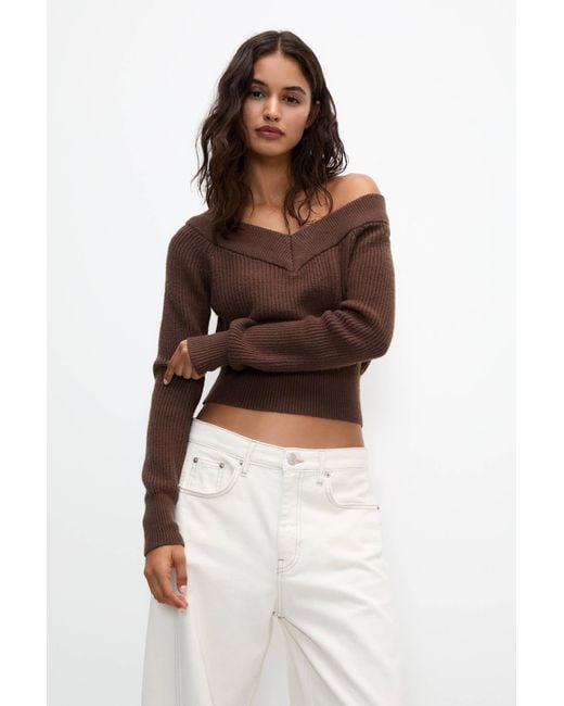 Pull&Bear Brown Cropped Off-The-Shoulder Jumper