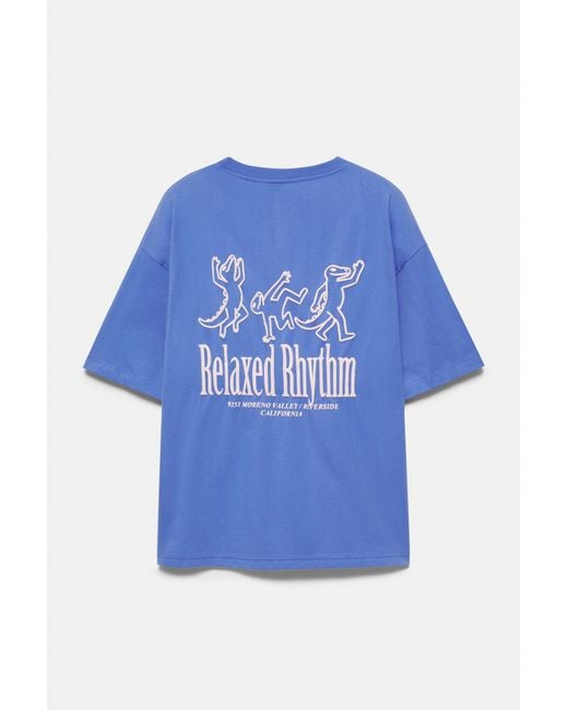 Pull&Bear Blue Relaxed Fit Raised Graphic T-Shirt for men