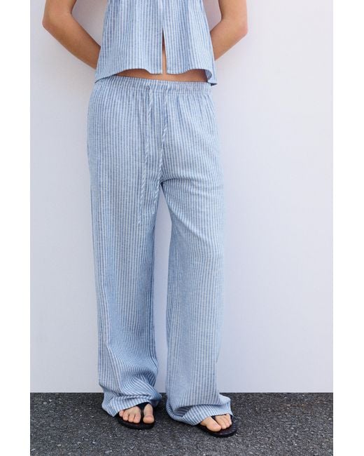 Pull&Bear Blue Striped Linen Blend Pyjama-Style Trousers