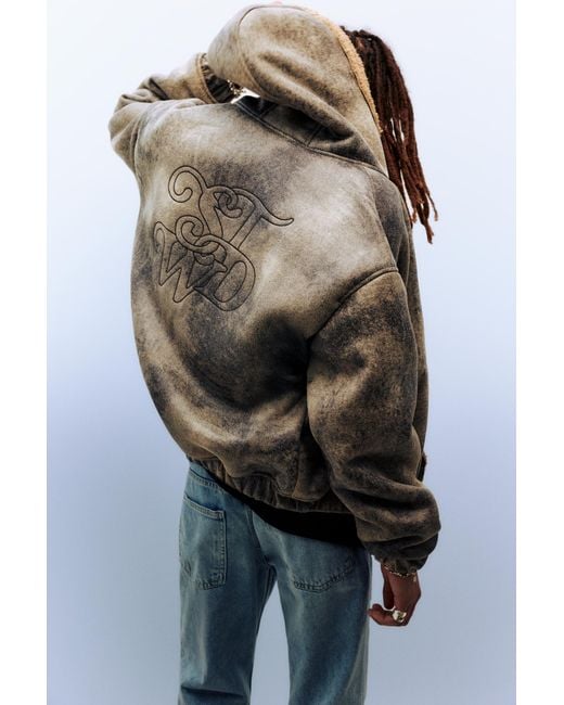 Pull&Bear Gray Leather Effect Faux Shearling Jacket for men
