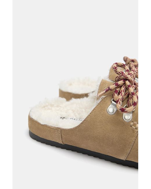 Pull&Bear White Faux Shearling Leather Lace-Up Clogs