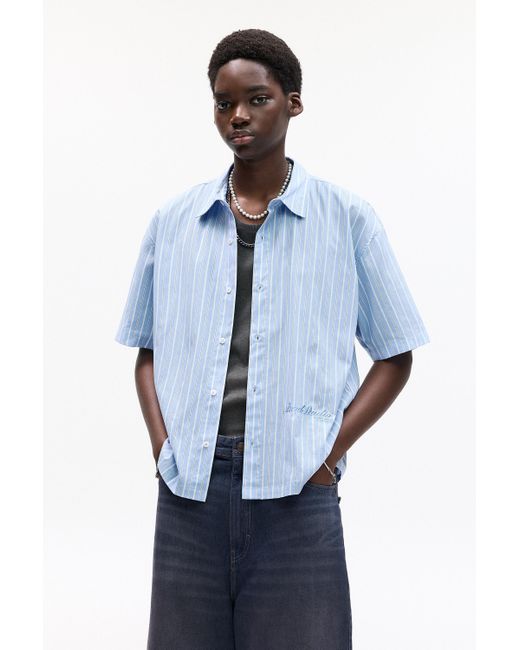Pull&Bear Blue Short Sleeve Striped Stwd Shirt for men