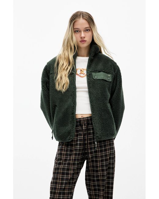 Pull&Bear Green Fleece Pullover With Zip